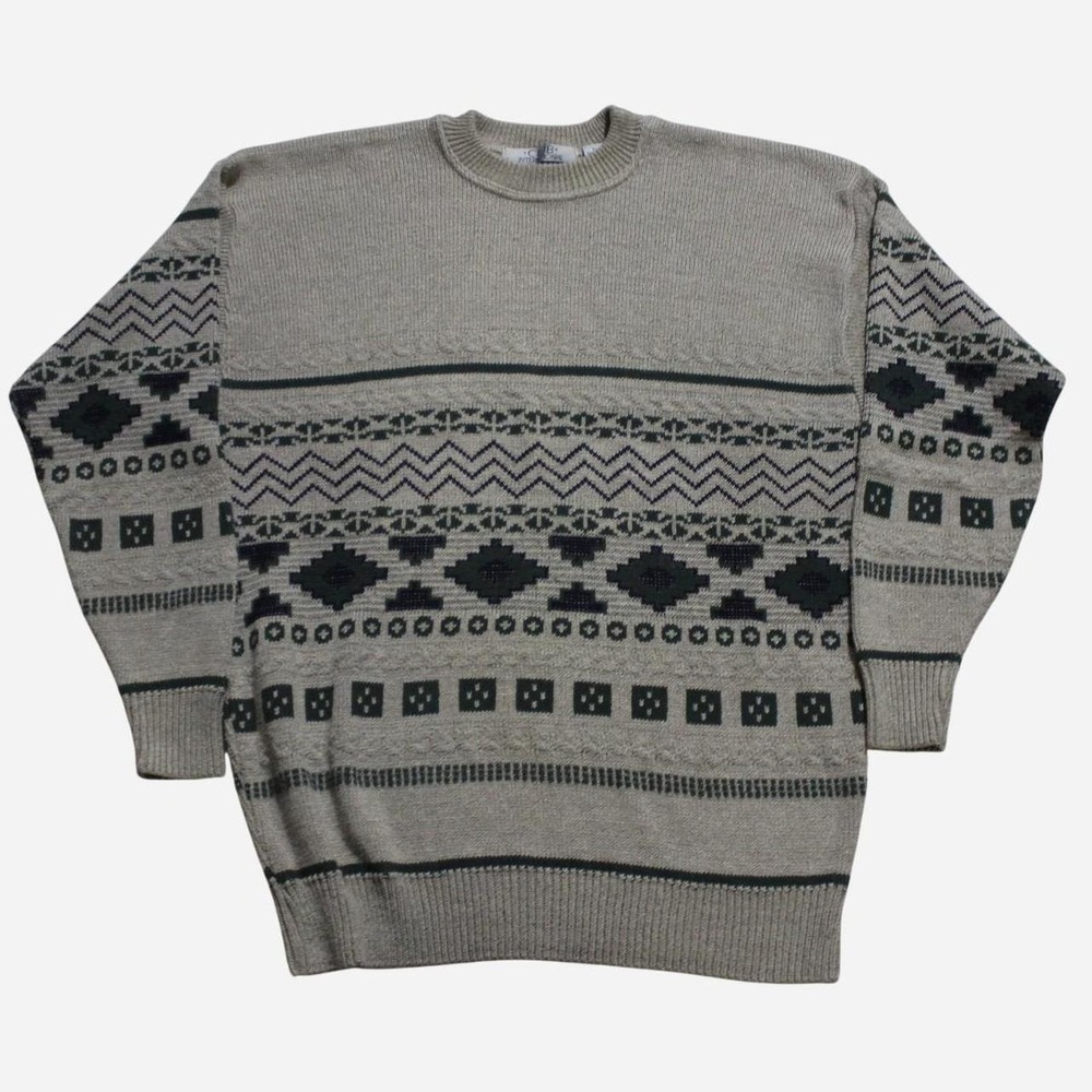 Men Vintage Club International Cream Preppy Grandpa Pattern Knit Cotton Sweater